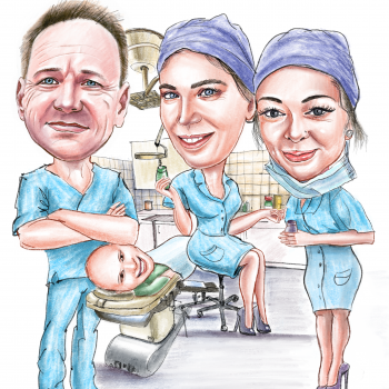 Humorvolle Karikatur eines Ärzteteams mit medizinischem Motiv