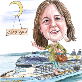 Geschenk für Oma, Cartoon Zeichnung in Berlin Reise-Karikatur