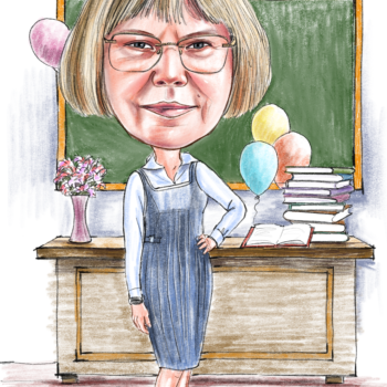 Lustige Karikatur einer Lehrerin als Geschenk